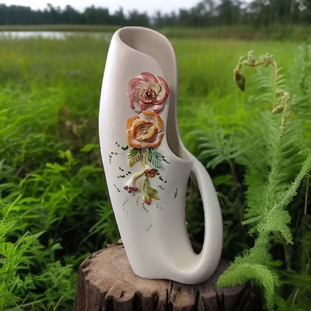 Vtg Applied Flowers Porcelain Vase Pitcher Abstract Handpainted Art Deco Nouveau